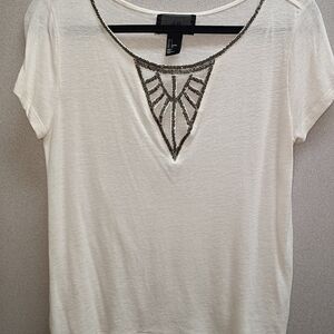 H&M Womens Ivory linen viscose blouse V Neck HM top Sz small with embroidered